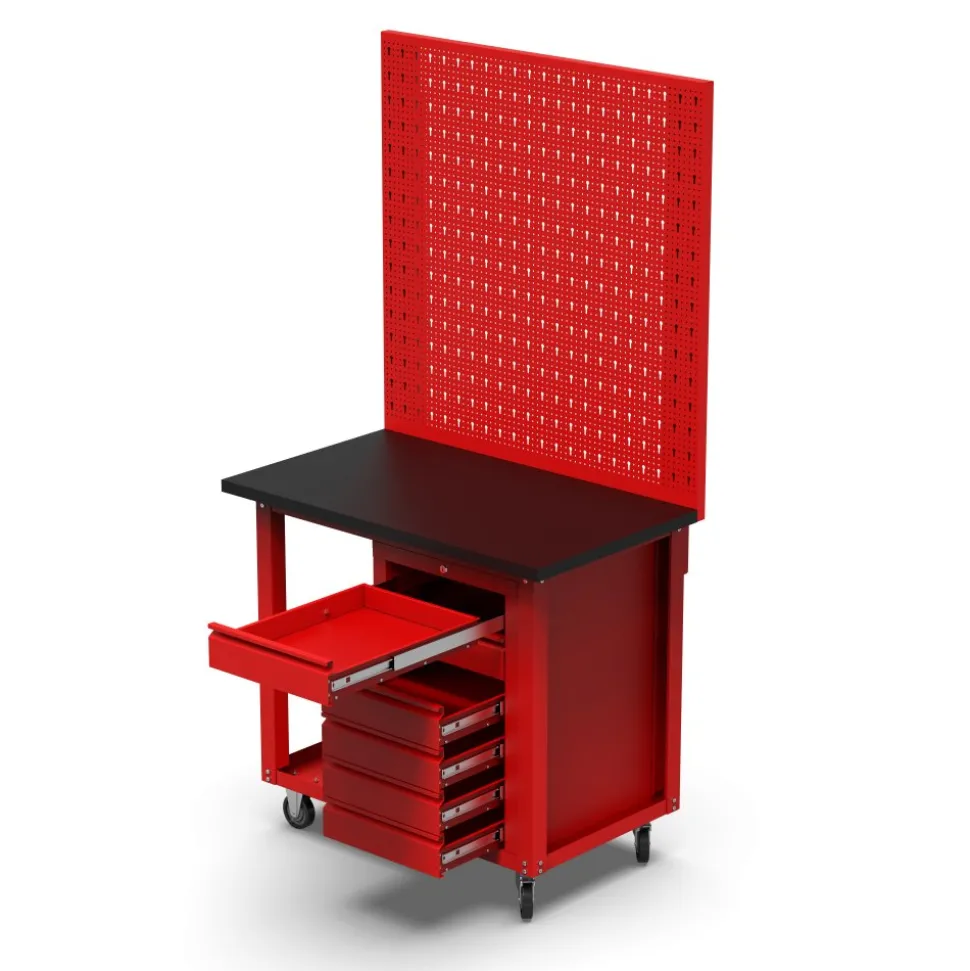 Arbetsvagn med pegboard och 6 lådor | Kallvalsat stål | 100x60x191 cm | Röd