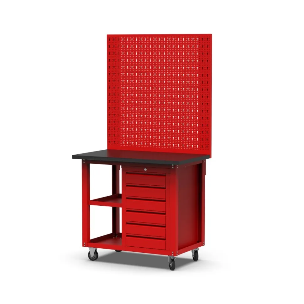 Arbetsvagn med pegboard och 6 lådor | Kallvalsat stål | 100x60x191 cm | Röd