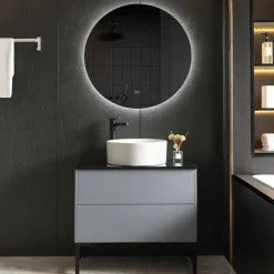 Badrumsmöbel 80cm | Svart glasbänkskiva | LED-spegel | Cavum