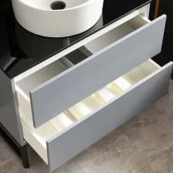 Badrumsmöbel 80cm | Svart glasbänkskiva | LED-spegel | Cavum