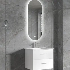 Badrumsmöbel | Oval LED-spegel | Kommod med blandare | Nimbo