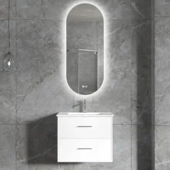 Badrumsmöbel | Oval LED-spegel | Kommod med blandare | Nimbo