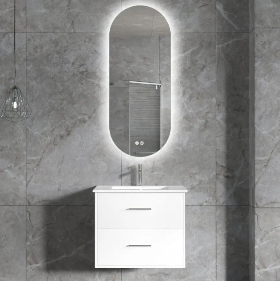 Badrumsmöbel | Oval LED-spegel | Kommod med blandare | Nimbo