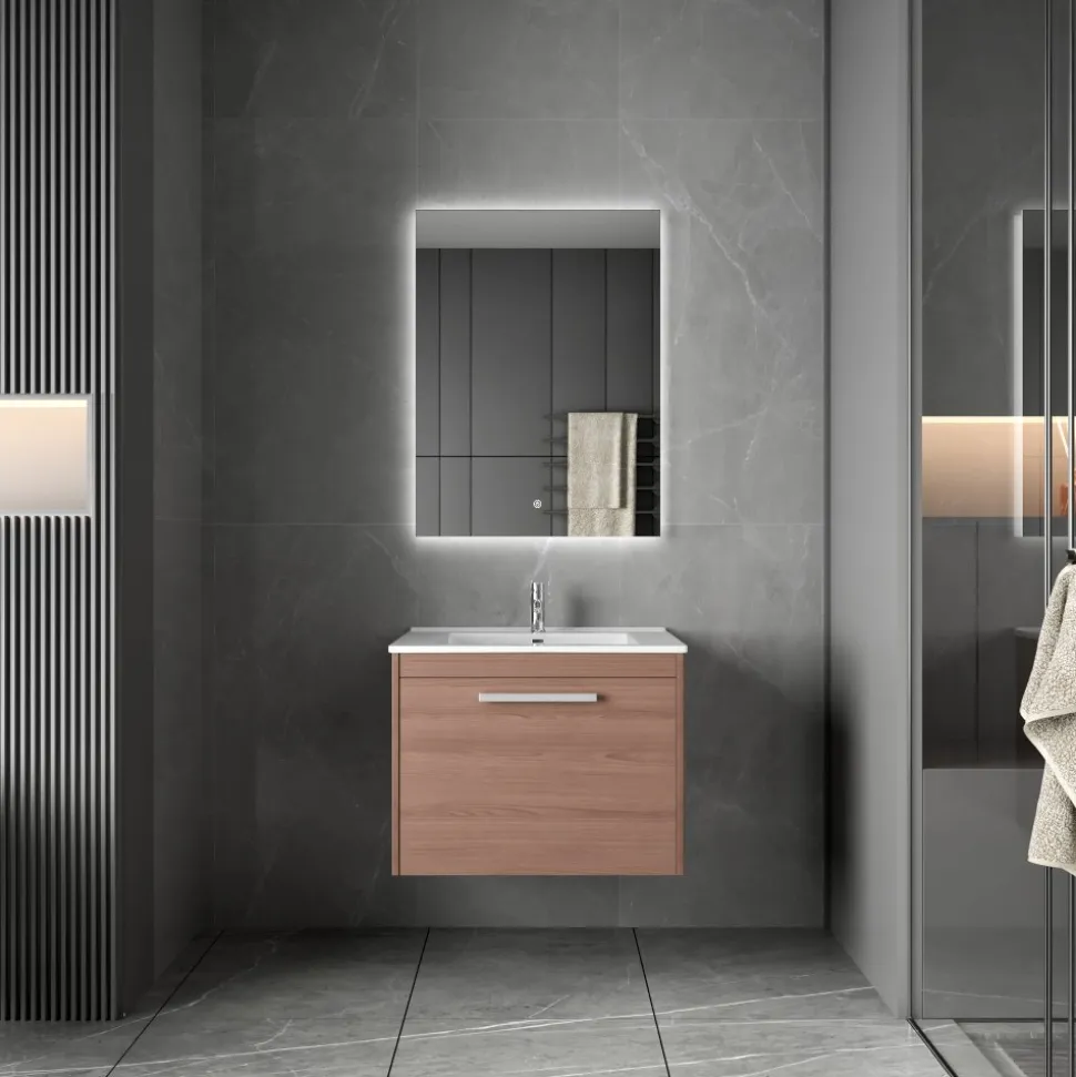 Badrumspaket 60 cm Kommod i MDF | Keramiskt tvättställ & LED-spegel | Dimbar belysning | Elysia