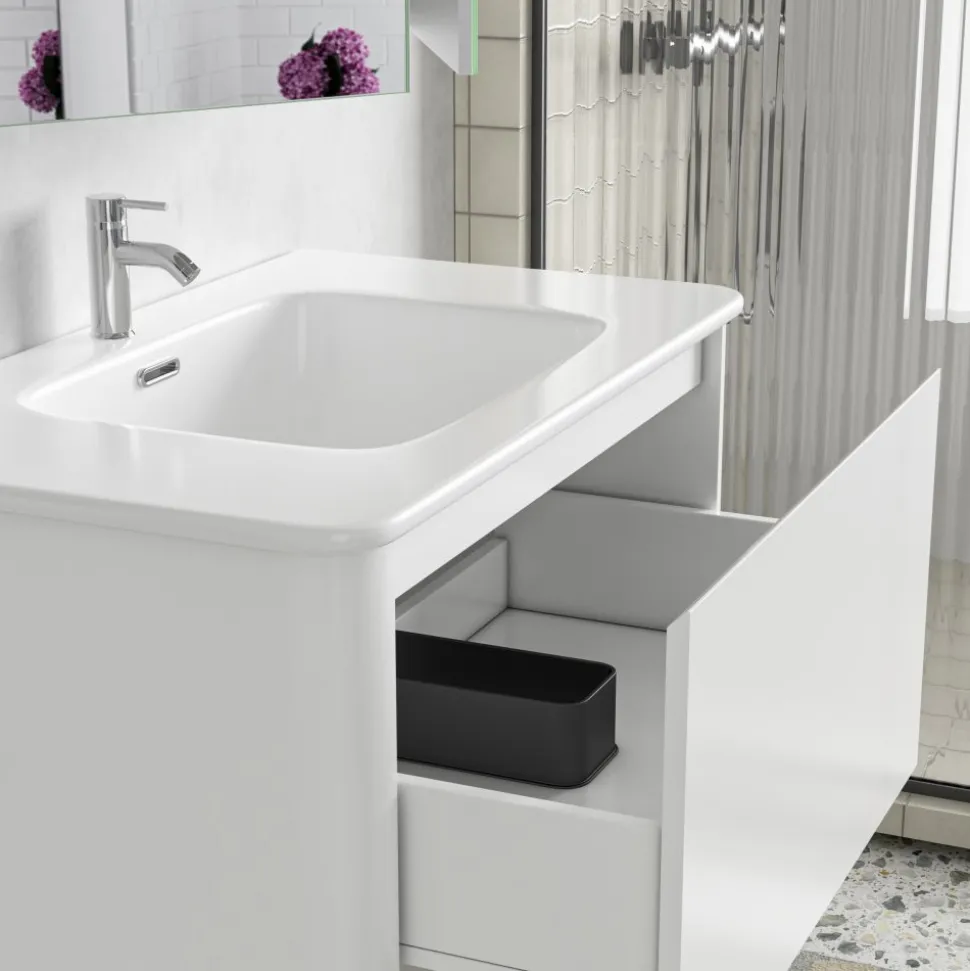 Badrumspaket 80 cm Kommod & keramiskt tvättställ med spegelskåp | Mjukstängning | Modern design