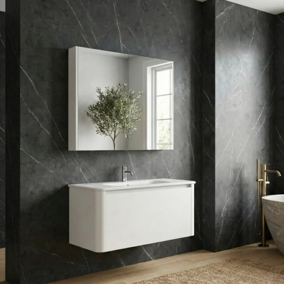 Badrumspaket 80 cm Kommod & keramiskt tvättställ med spegelskåp | Mjukstängning | Modern design