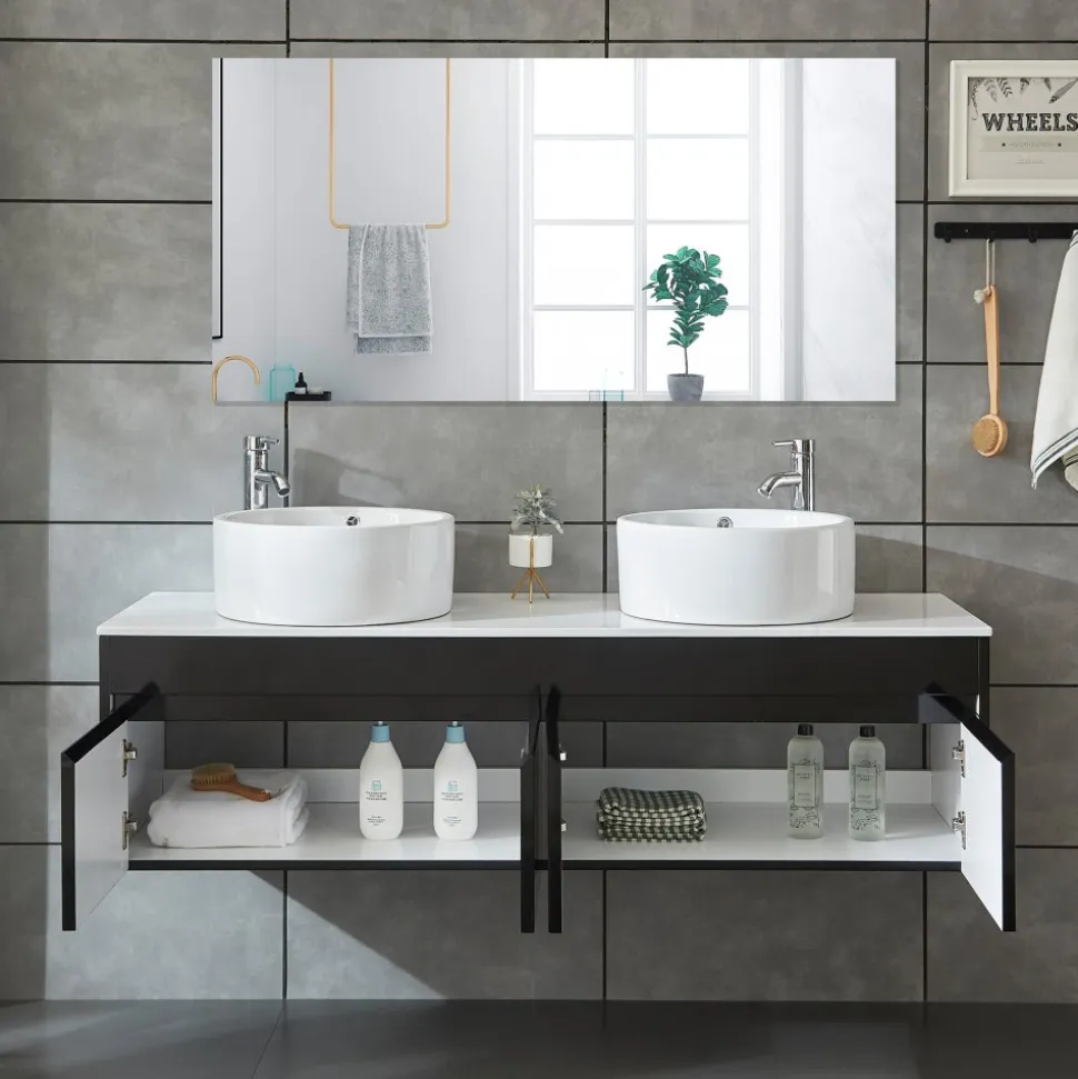 Badrumspaket 150cm | Kommod med dubbelhandfat & spegel | Svart