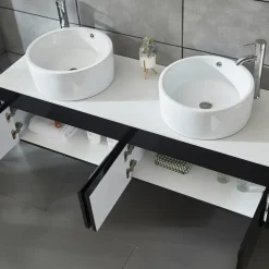 Badrumspaket 150cm | Kommod med dubbelhandfat & spegel | Svart