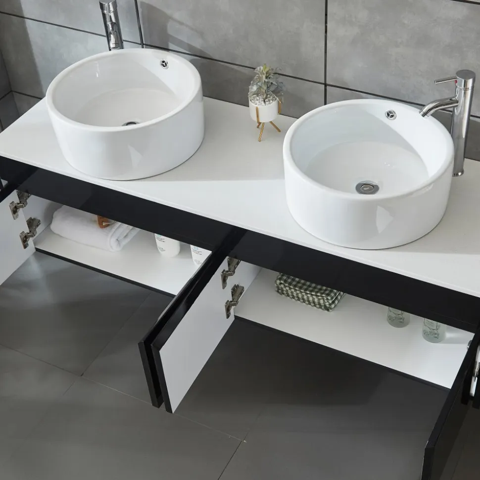 Badrumspaket 150cm | Kommod med dubbelhandfat & spegel | Svart