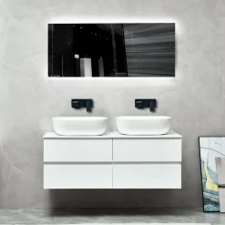 Badrumspaket | Kommod 120 cm med dubbelhandfat | LED-spegel | Blank vit