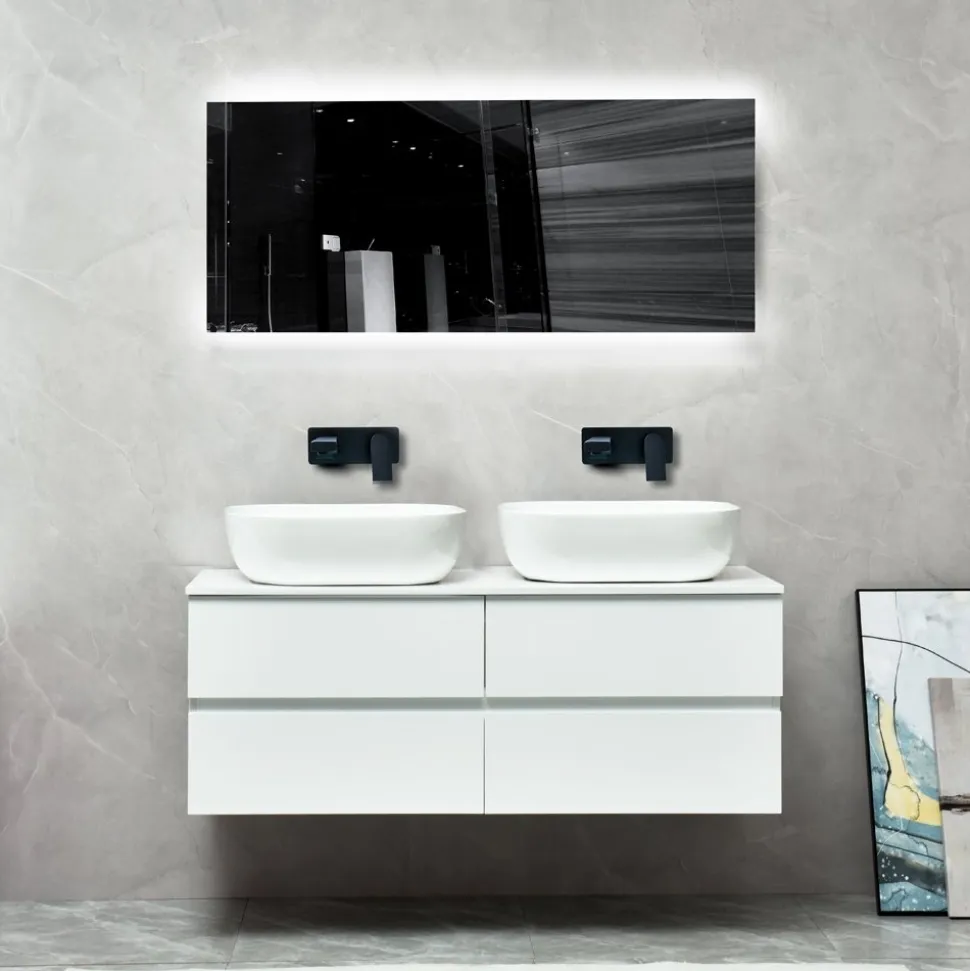 Badrumspaket | Kommod 120 cm med dubbelhandfat | LED-spegel | Blank vit