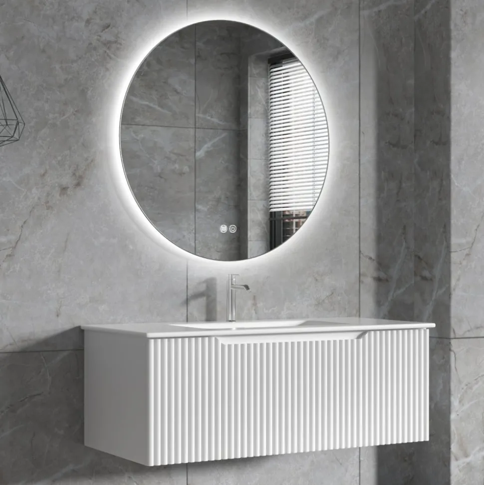 Badrumspaket | Kommod 101cm | Rund LED-spegel | Tuba - Vit