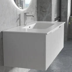Badrumspaket | Kommod 101cm | Rund LED-spegel | Tuba - Vit