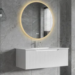 Badrumspaket | Kommod 101cm | Rund LED-spegel | Tuba - Vit
