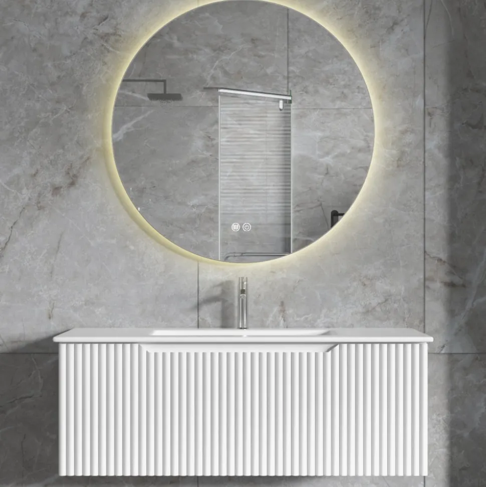 Badrumspaket | Kommod 101cm | Rund LED-spegel | Tuba - Vit