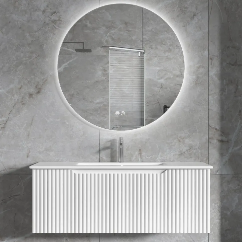 Badrumspaket | Kommod 101cm | Rund LED-spegel | Tuba - Vit