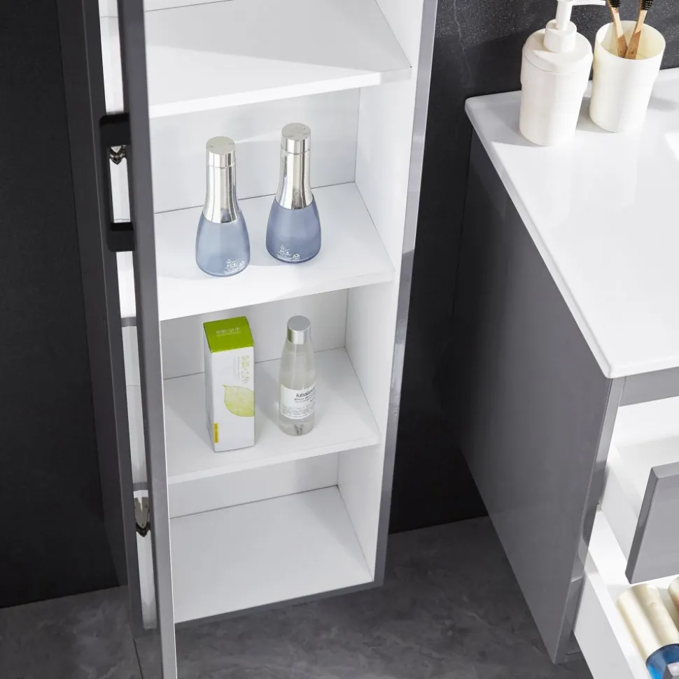 Badrumspaket | Kommod 90 cm | Sidoskåp & LED-spegel | Grå