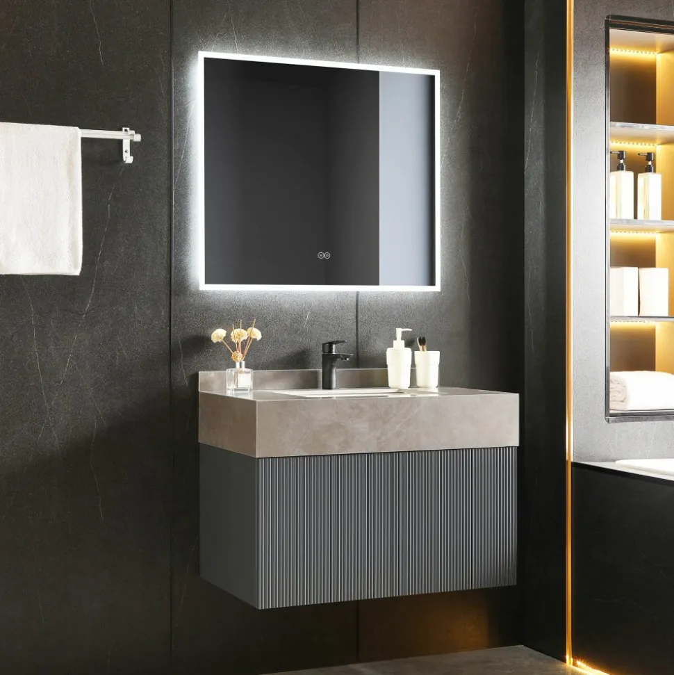 Badrumspaket | Tålig sintrad sten | LED-spegel | Cirrus Grey