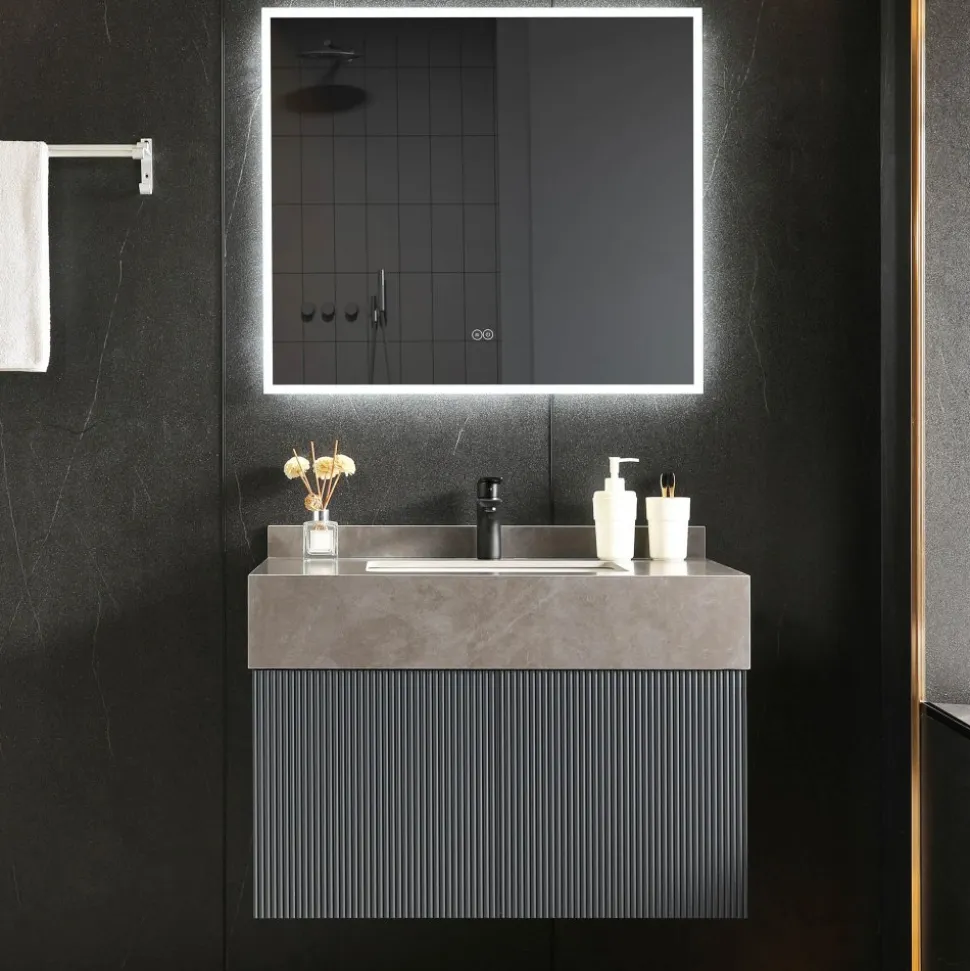 Badrumspaket | Tålig sintrad sten | LED-spegel | Cirrus Grey