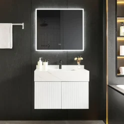 Badrumspaket | Tålig sintrad sten | LED-spegel | Cirrus White