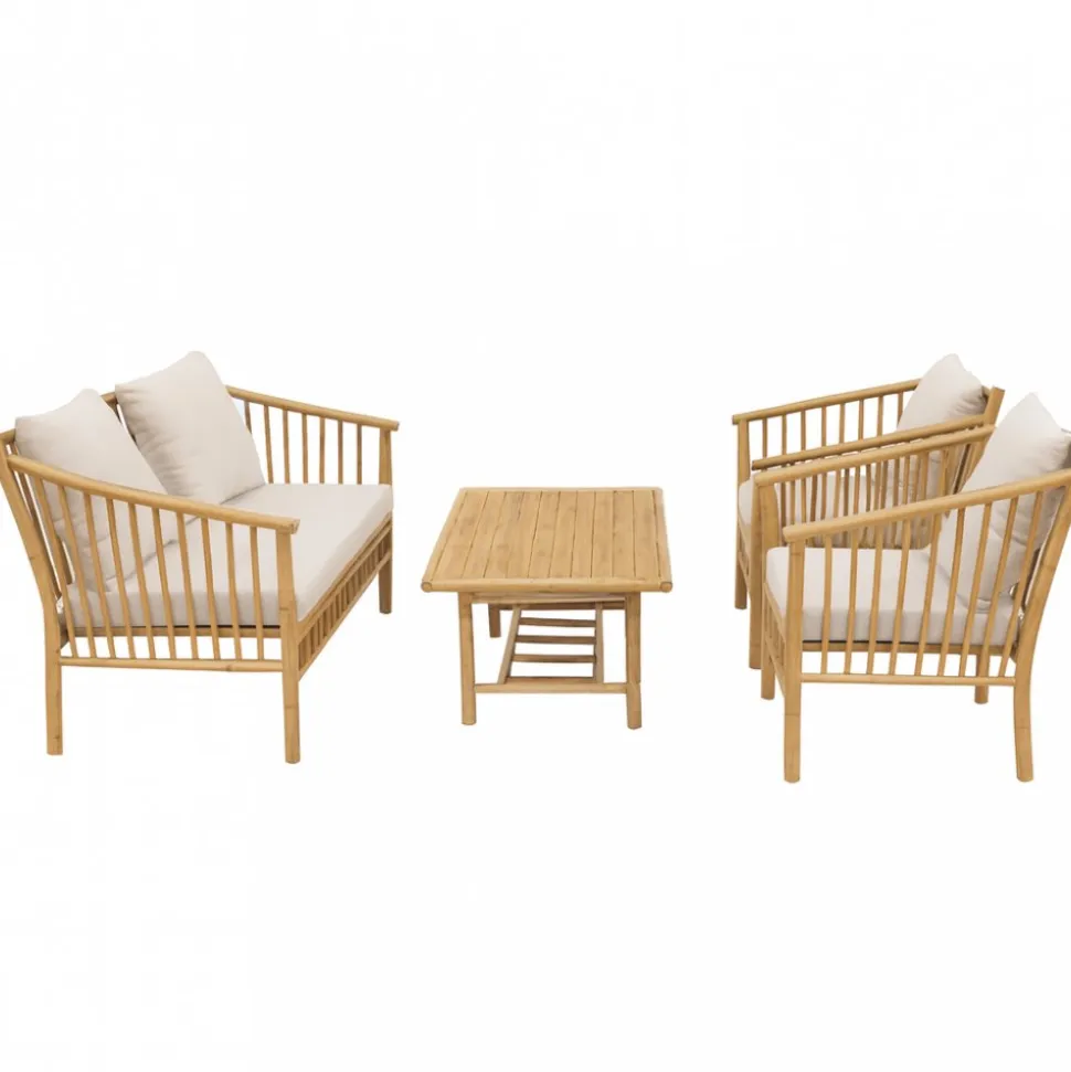 Bambu loungegrupp utomhus | Soffa, 2 fåtöljer & bord i naturmaterial