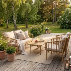 Bambu loungegrupp utomhus | Soffa, 2 fåtöljer & bord i naturmaterial