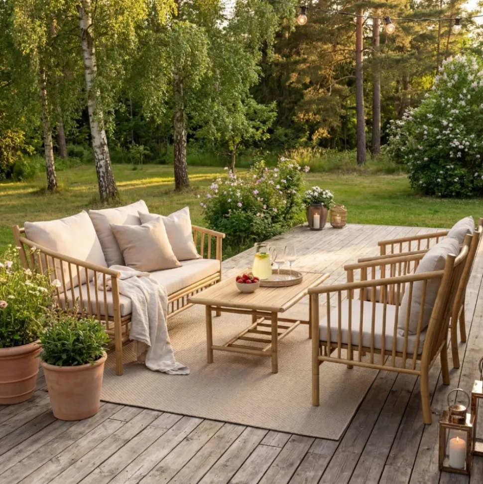 Bambu loungegrupp utomhus | Soffa, 2 fåtöljer & bord i naturmaterial