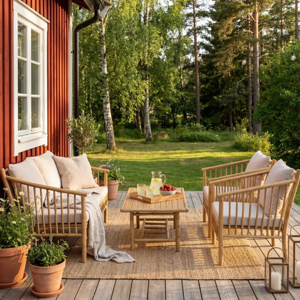 Bambu loungegrupp utomhus | Soffa, 2 fåtöljer & bord i naturmaterial