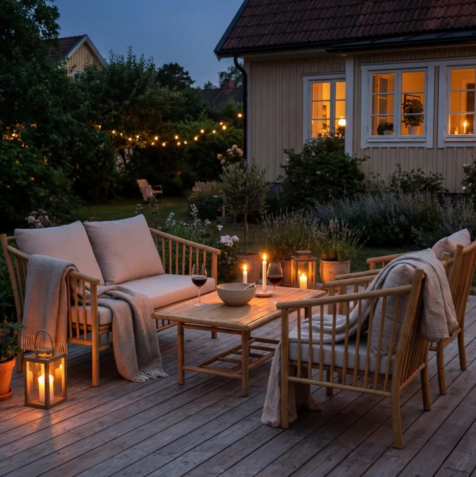 Bambu loungegrupp utomhus | Soffa, 2 fåtöljer & bord i naturmaterial