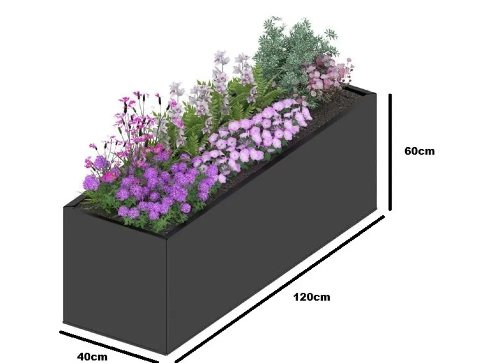 Blomlåda i stål | 120x40x60 cm | Svart | För utomhusbruk