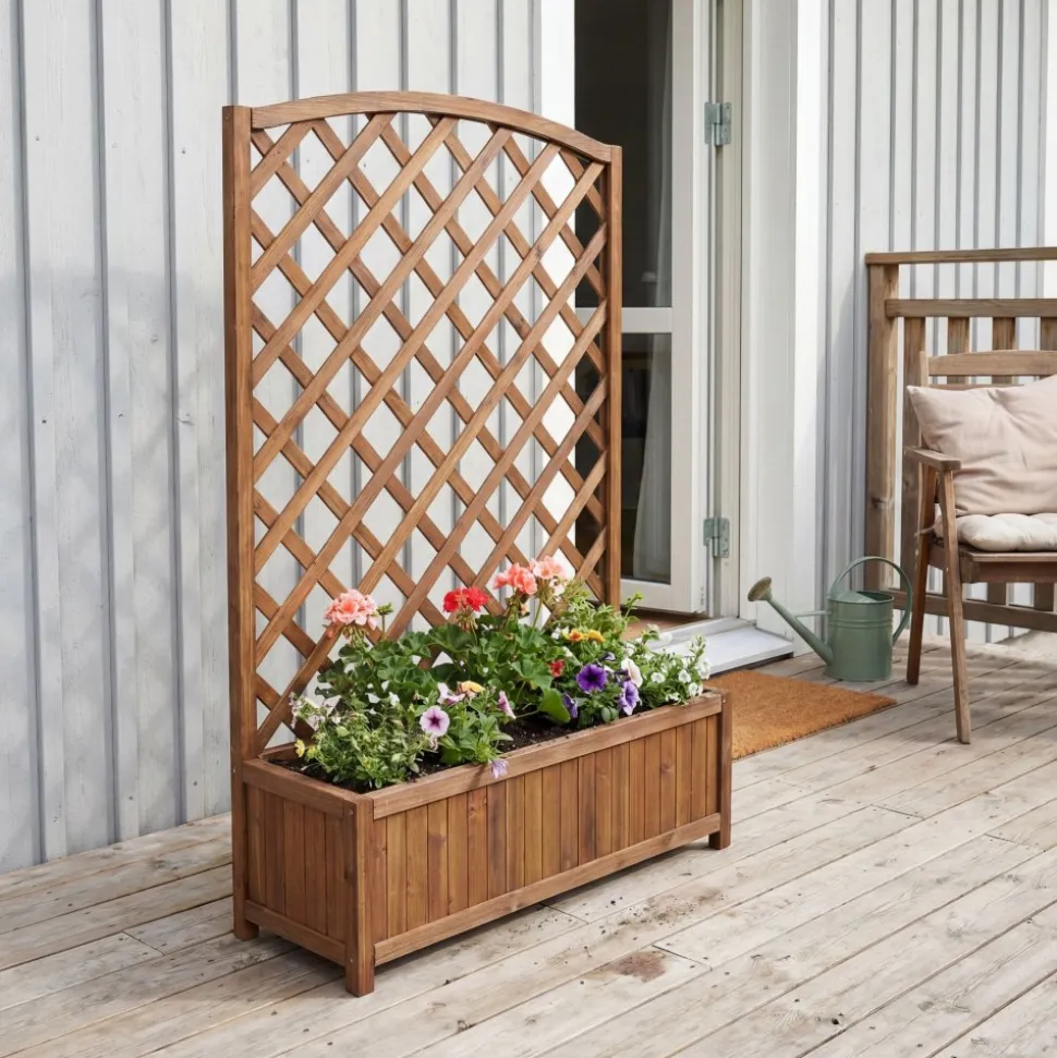Blomlåda med spalje i trä | 80×30×120 cm | För klätterväxter | Brun