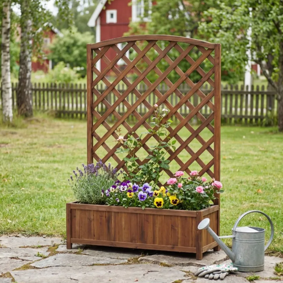 Blomlåda med spalje i trä | 80×30×120 cm | För klätterväxter | Brun
