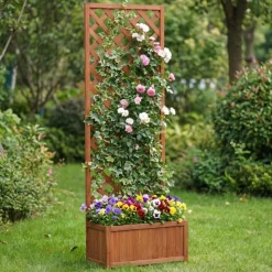 Blomlåda med spalje i trä | 60×30×180 cm | För klätterväxter | Brun