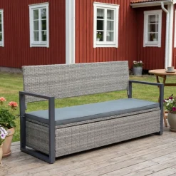 Bänk med dynförvaring 165 cm | Grå konstrotting | Dynor ingår | Boxvik