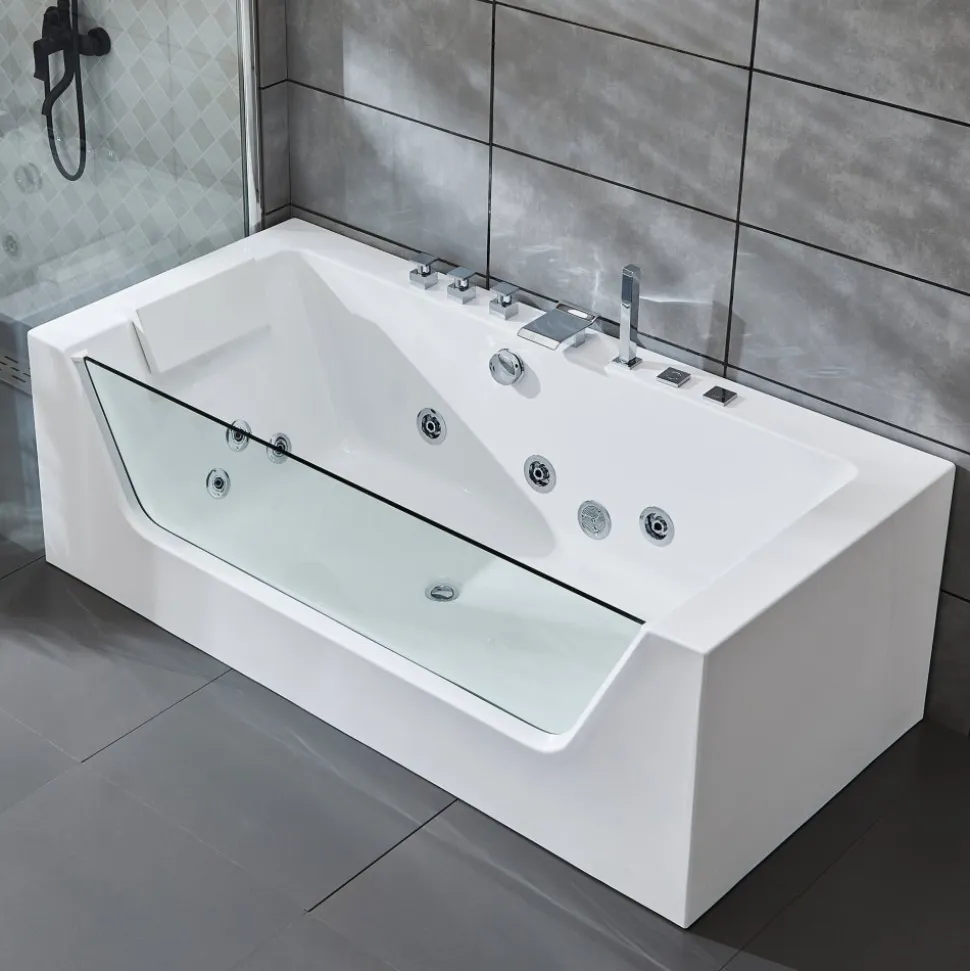 Bubbelbadkar med glasfront 170x80cm | Ergonomisk nackkudde | BK-019
