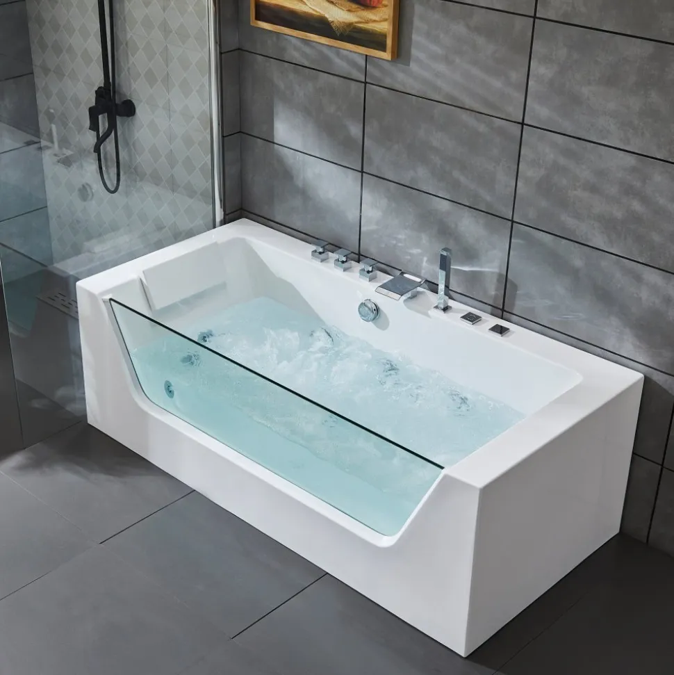 Bubbelbadkar med glasfront 170x80cm | Ergonomisk nackkudde | BK-019