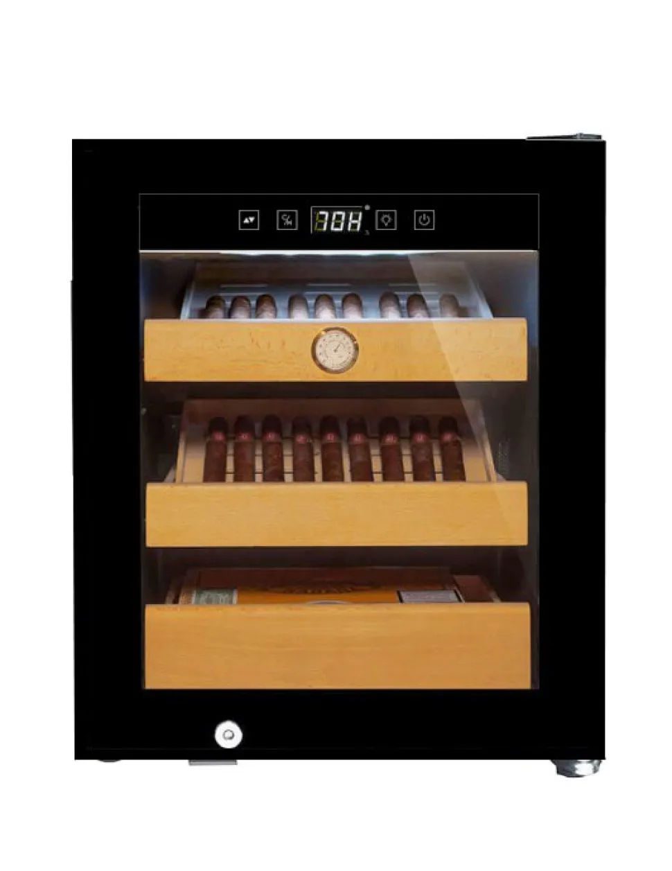Cigarrhumidor 34L | Premium elektrisk humidor med kompressorkylning | 3 bokträshyllor & UV-skyddad glasdörr