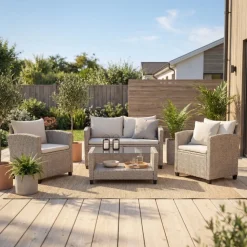 Exklusiv Loungegrupp | Hörnsoffa med bord | Beige/Grå konstrotting | Stockholm