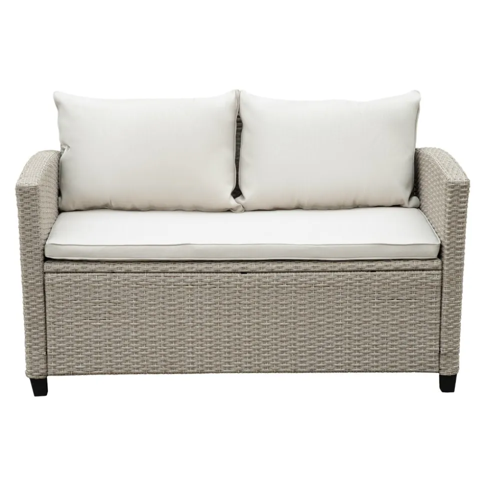 Exklusiv Loungegrupp | Hörnsoffa med bord | Beige/Grå konstrotting | Stockholm