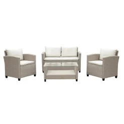 Exklusiv Loungegrupp | Hörnsoffa med bord | Beige/Grå konstrotting | Stockholm