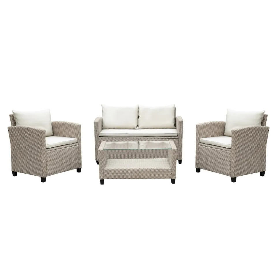 Exklusiv Loungegrupp | Hörnsoffa med bord | Beige/Grå konstrotting | Stockholm