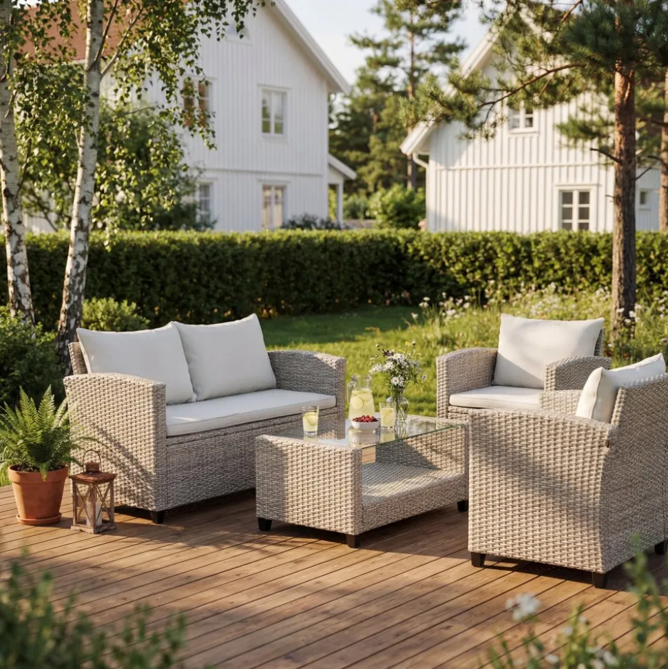 Exklusiv Loungegrupp | Hörnsoffa med bord | Beige/Grå konstrotting | Stockholm