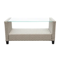 Exklusiv Loungegrupp | Hörnsoffa med bord | Beige/Grå konstrotting | Stockholm
