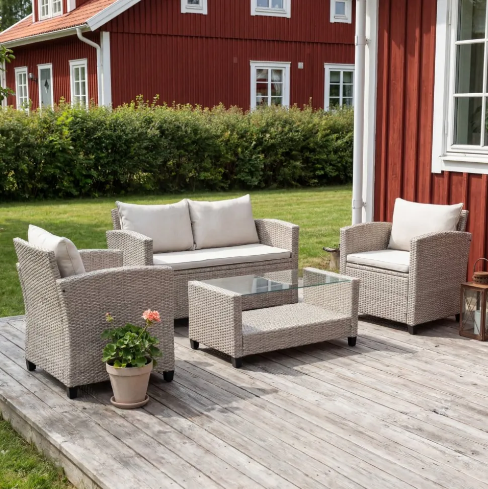 Exklusiv Loungegrupp | Hörnsoffa med bord | Beige/Grå konstrotting | Stockholm