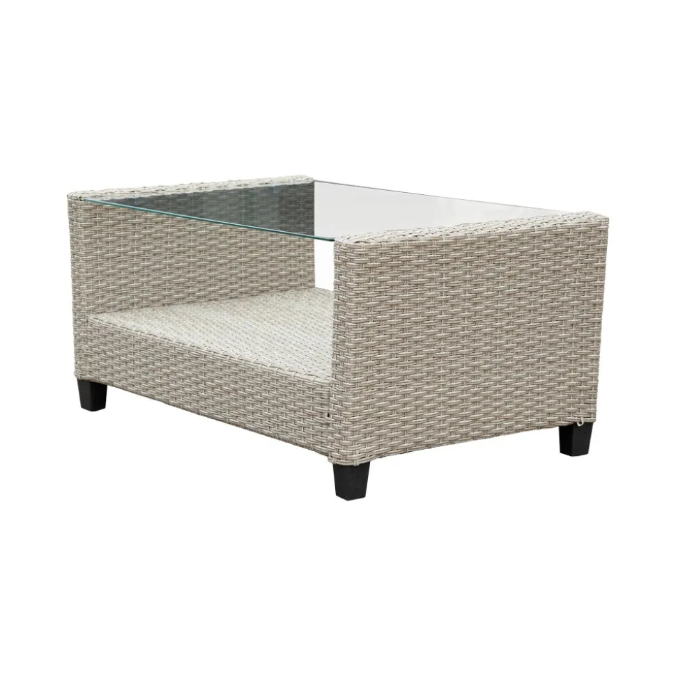 Exklusiv Loungegrupp | Hörnsoffa med bord | Beige/Grå konstrotting | Stockholm