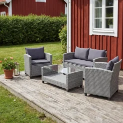 Exklusiv Loungegrupp | Hörnsoffa med bord | Grå konstrotting | Stockholm