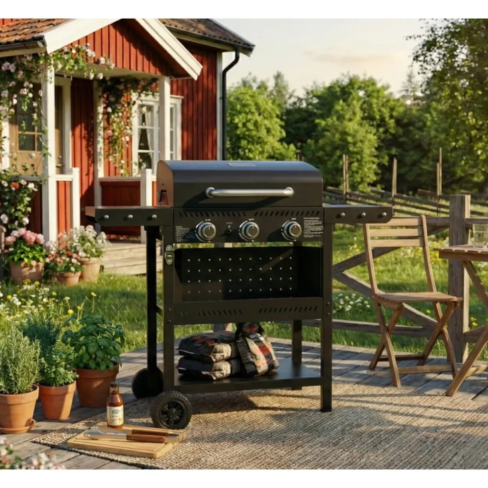Gasolgrill med 3 rostfria brännare | Svart | Oklahoma