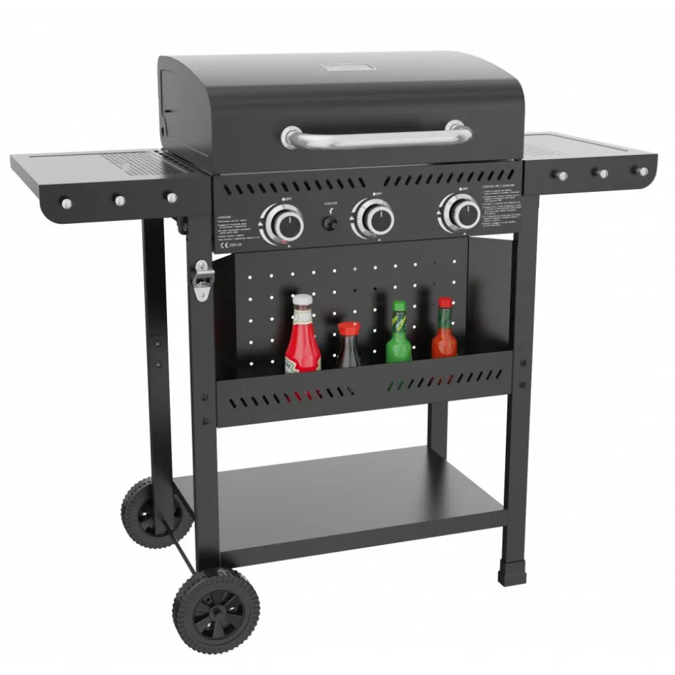 Gasolgrill med 3 rostfria brännare | Svart | Oklahoma