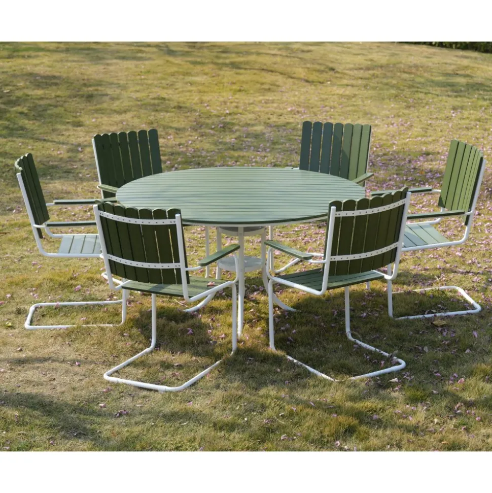 Glänta rund matgrupp utomhus | 6 stolar & Ø135 cm bord | Grön/vit