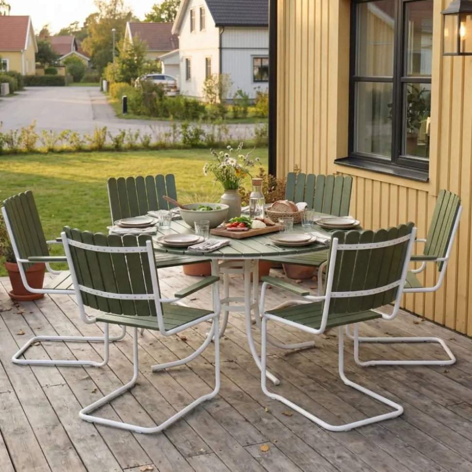 Glänta rund matgrupp utomhus | 6 stolar & Ø135 cm bord | Grön/vit